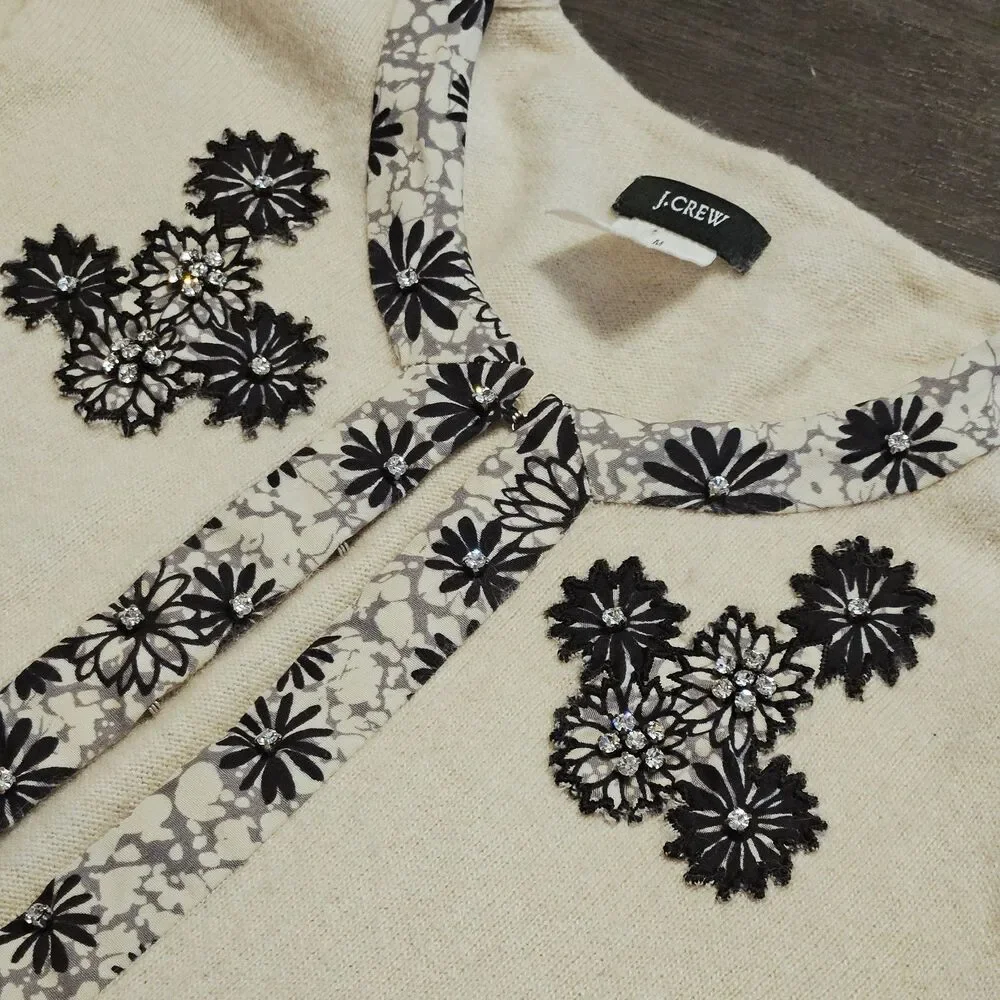 JCrew Merino Wool Rabbit Cashmere Blend Cardigan Off White Applique Button Sz M